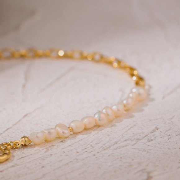 NEW 18K Gold Plated Natural Pearl Circle Link Chain Necklace - Picture 7 of 7